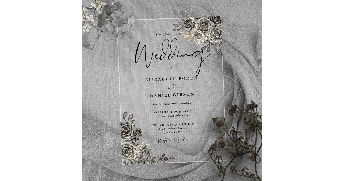 Gothic Roses Floral Black And Gold Wedding Acrylic Invitations | Zazzle