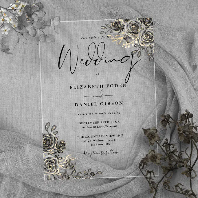Gothic Roses Floral Black And Gold Wedding Acrylic Invitations | Zazzle