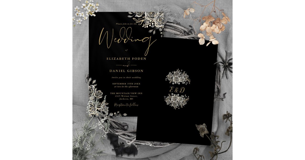 Gothic Roses Floral Black And Gold Wedding Invitation | Zazzle