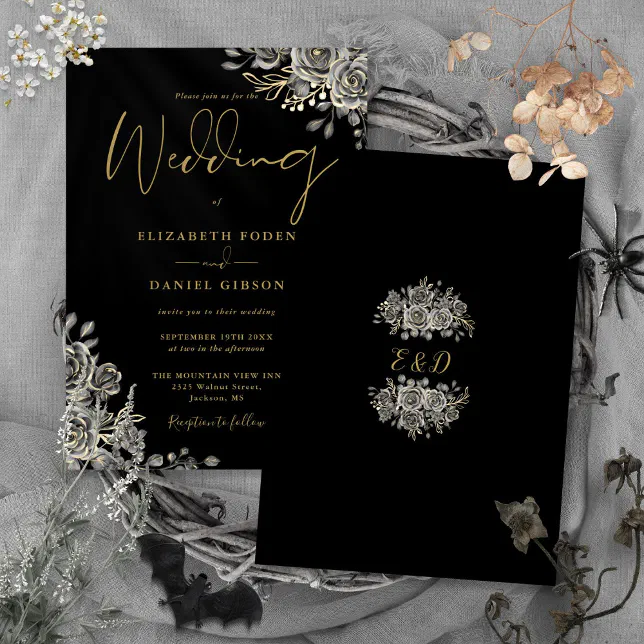 Gothic Roses Floral Black And Gold Wedding Invitation | Zazzle