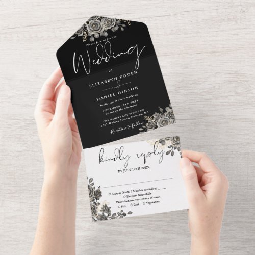 Gothic Roses Floral Black And White Wedding All In One Invitation