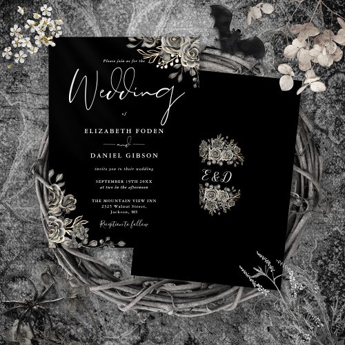 Gothic Roses Floral Black And White Wedding Invitation