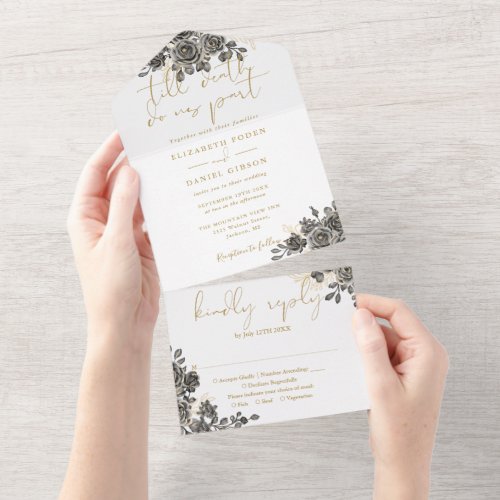Gothic Roses Floral Gold Till Death Wedding All In One Invitation