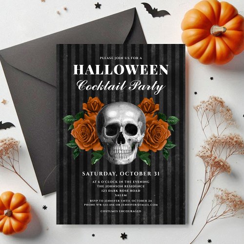 Gothic Roses Floral Skull Halloween Cocktail Party Invitation