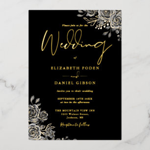 Gothic Roses Floral Wedding Black And Gold Foil Invitation
