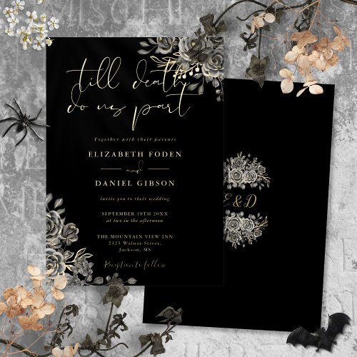 Gothic Roses Floral Wedding Black And Gold Foil Invitation