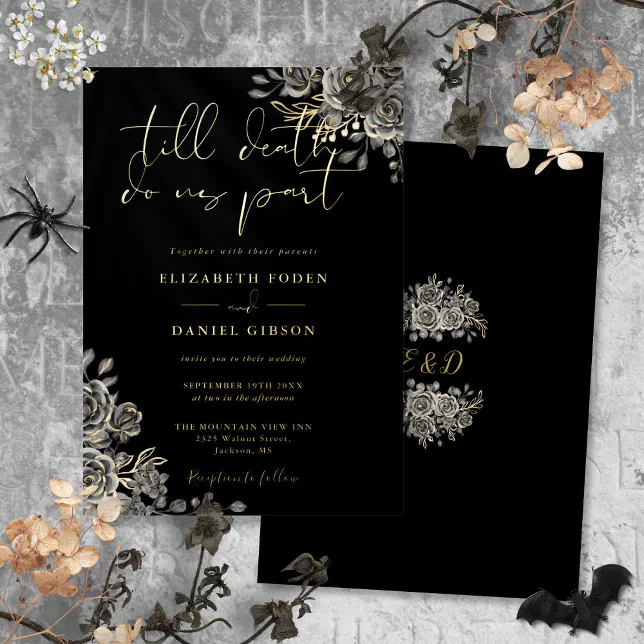 Gothic Roses Floral Wedding Black And Gold Foil Invitation | Zazzle