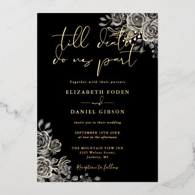 Gothic Roses Floral Wedding Black And Gold  Foil Invitation (Front)