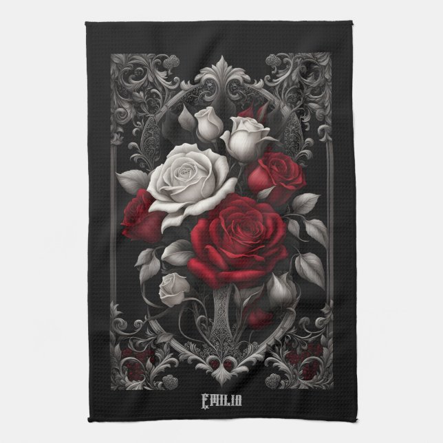 Gothic Roses in Ornate Frame Kitchen Towel (Vertical)