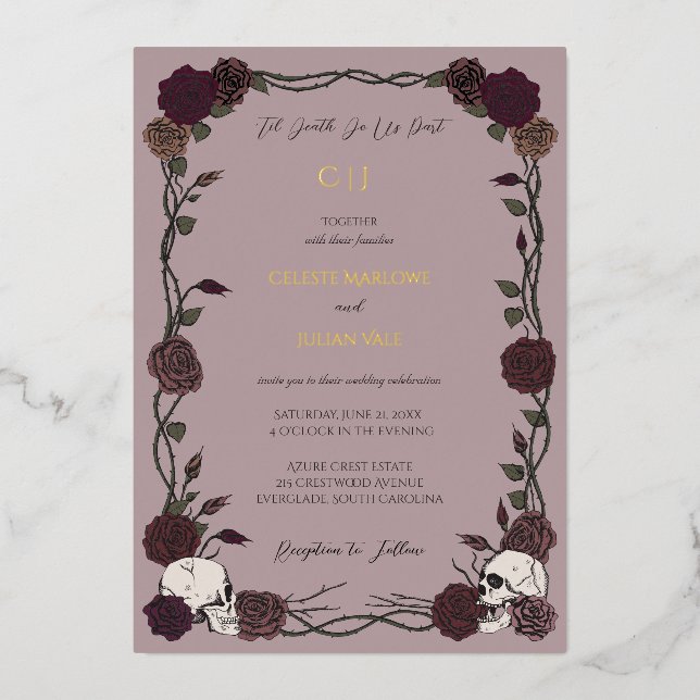 Gothic Roses Light Mauve Til Death Wedding Foil Invitation (Front)