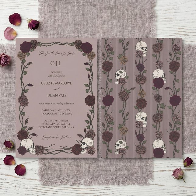 Gothic Roses Light Mauve Til Death Wedding Invitation (Hand-Drawn soft gothic light mauve wedding 'Til Death invitation with ink skulls and roses pattern)