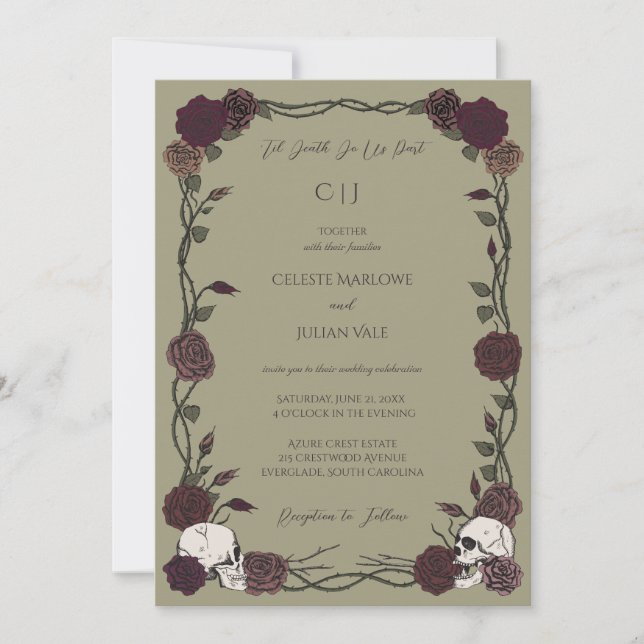 Gothic Roses Olive Green Til Death Wedding Invitation (Front)