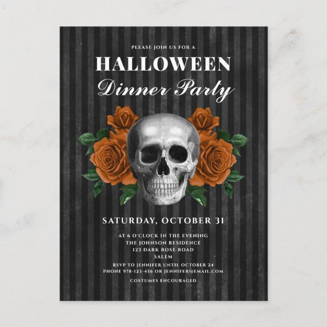 Gothic Roses & Skull Halloween Dinner Party Postcard (Front)