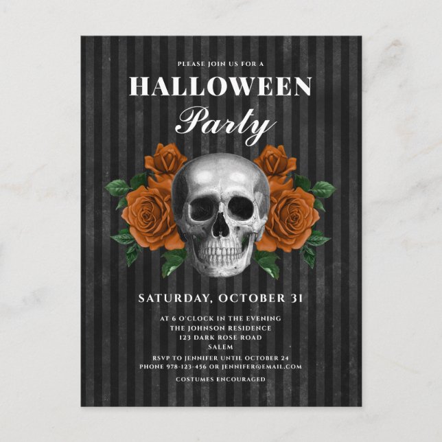 Gothic Roses & Skull Halloween Party Postcard (Front)