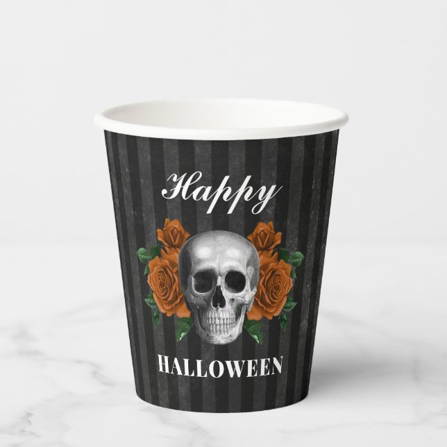 Gothic Roses & Skull Happy Halloween  Paper Cups (Front)