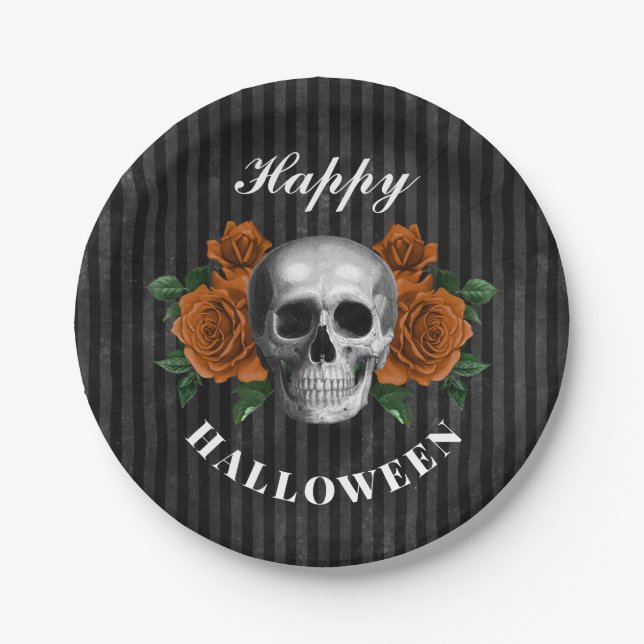 Gothic Roses & Skull Happy Halloween  Paper Plates (Front)