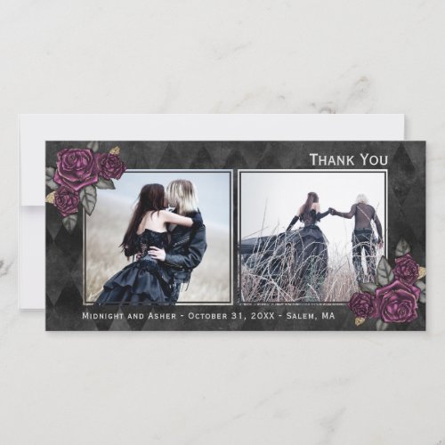 Gothic Roses Two Photo Black Thank You Card