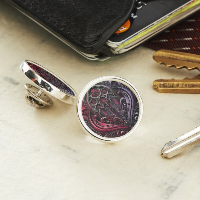 Gothic Round Lapel Pin with Crimson Rose Motif (In Situ)