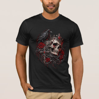 Gothic Royal Skull with Crown Raven and Red Roses  T-Shirt