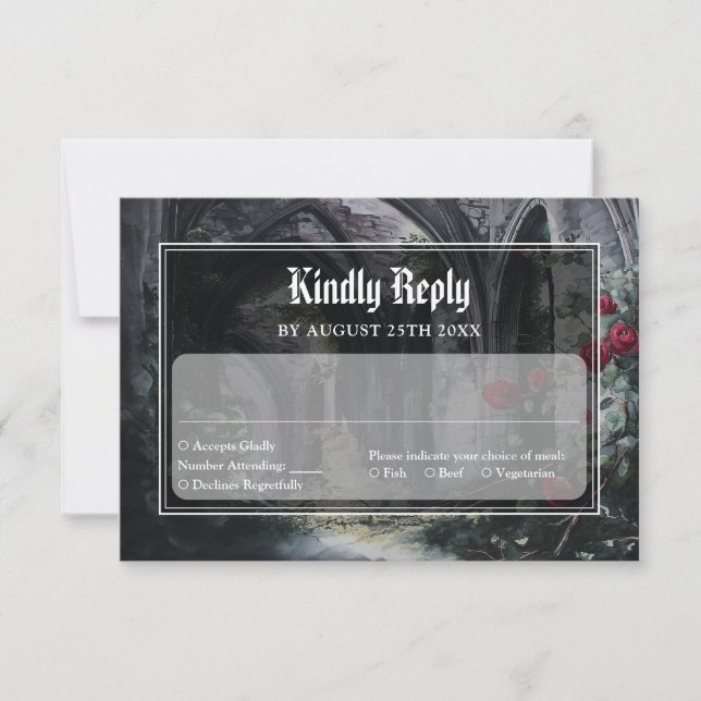 Gothic Ruins Roses Floral Monogram Wedding RSVP Card (Front)