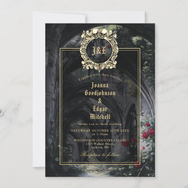 Gothic Ruins Roses Monogram All In One Wedding Invitation (Front)