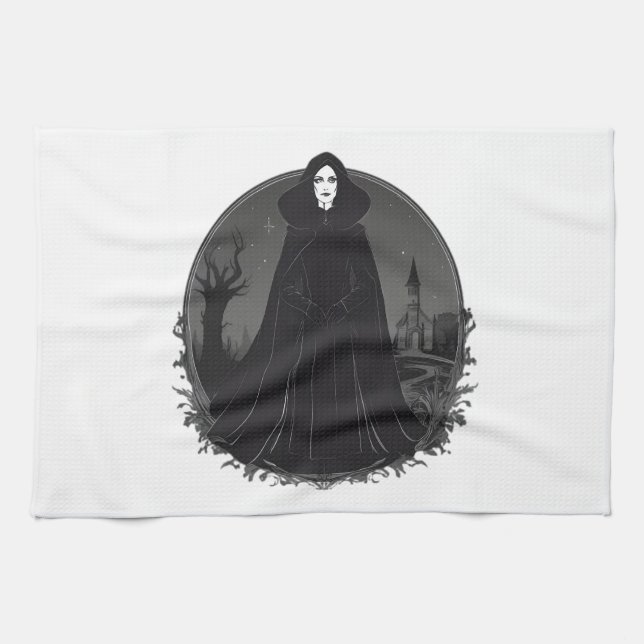 Gothic Salem Witch at Midnight Kitchen Towel (Horizontal)