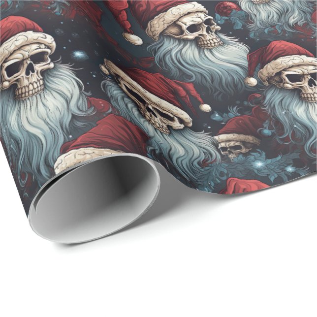Gothic Santa Skulls Black Blue Red Christmas Wrapping Paper (Roll Corner)