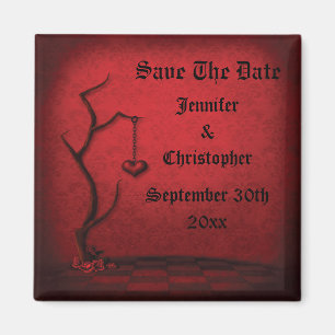 Gothic Save The Date Heart Tree & Red Damask Magnet