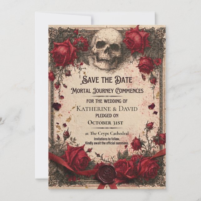 Gothic Save the Date Template with Skull and Roses (Front)