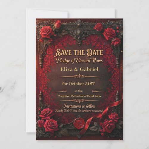 Gothic Save the Date with Red Rose and Wax Seal Invitation