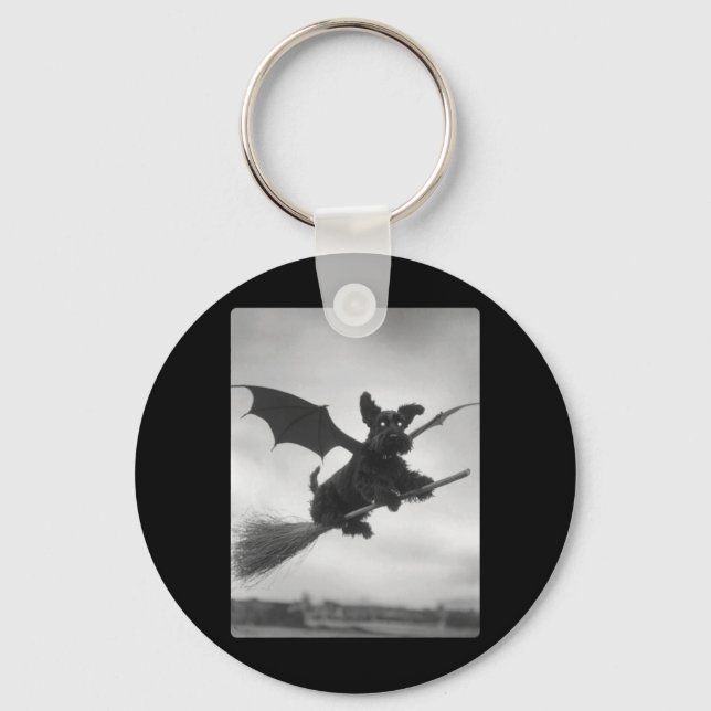 Gothic Schnauzer Witch Broom Bat Wings Spooky Keychain (Front)