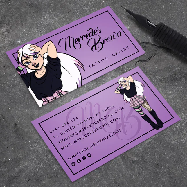 Script Card Cartoon Gothic Script Cartoon Girl Purple Tattoo Artist Business Card | Zazzle