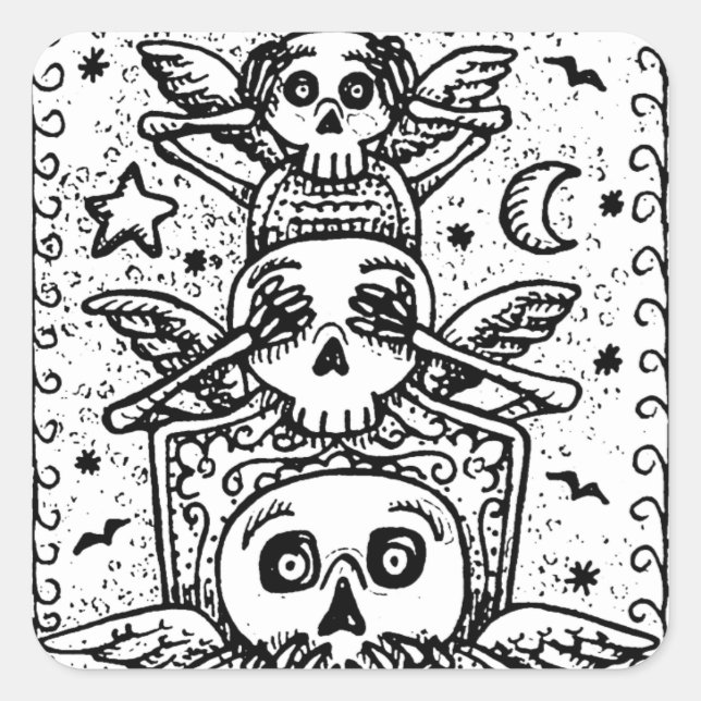 GOTHIC SEE NO EVIL, CEMETERY SKELETON STICKERS Squ (Front)