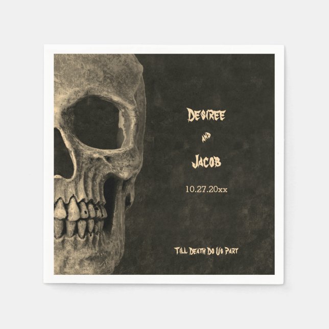 Gothic Sepia Half Skull Head Vintage Hallowedding Napkins (Front)