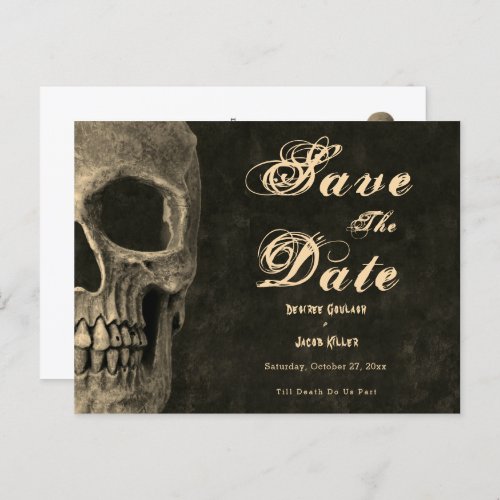 Gothic Sepia Half Skull Head Vintage Save The Date Invitation Postcard