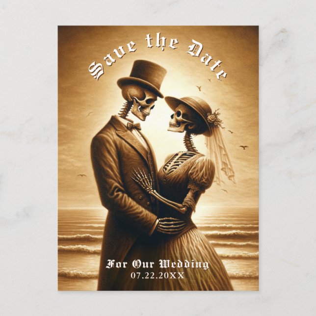 Gothic Sepia Skeleton Couple Wedding Save the Date Announcement Postcard (Front)