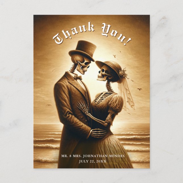 Gothic Sepia Skeleton Couple Wedding Thank You Postcard (Front)