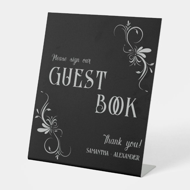 Gothic Silver Gray Whimsigoth Wedding Guest Book Pedestal Sign (Front)