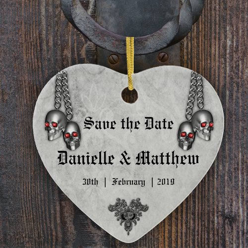Gothic Silver Skulls Wedding Save the Date Ceramic Ornament