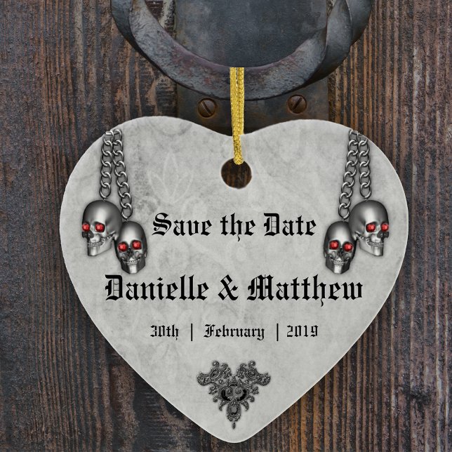 Gothic Silver Skulls Wedding Save the Date Ceramic Ornament (Creator Uploaded)