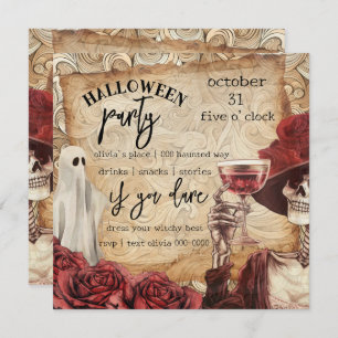 Gothic Skeleton and Ghost Victorian Halloween Invitation