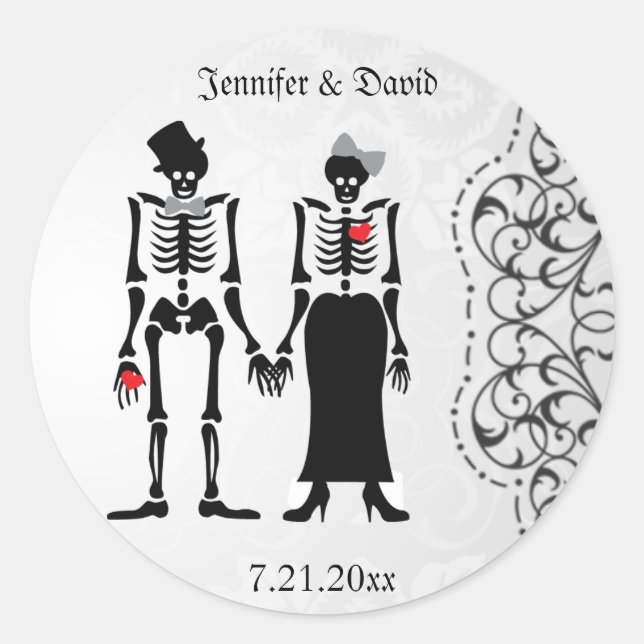 Gothic Skeleton Bride & Groom Save the Date Label (Front)