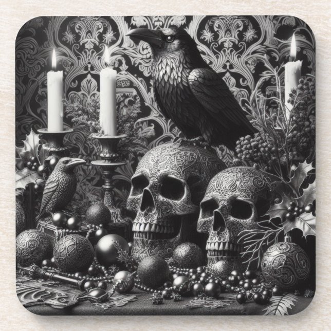 Gothic Skeleton Candle | Dark Monotone Halloween  Beverage Coaster (Front)