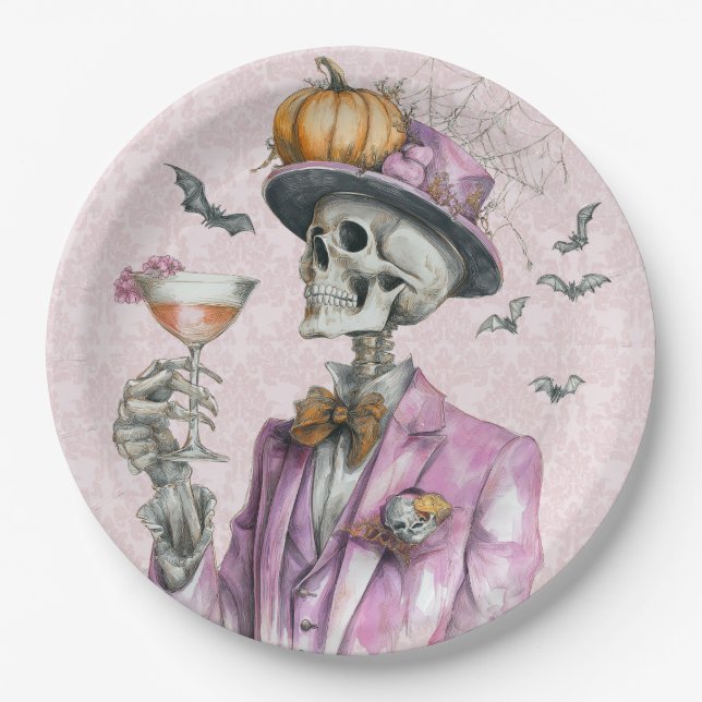 Gothic Skeleton Cocktail Party Halloween Paper Plates (Front)