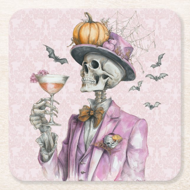 Gothic Skeleton Cocktail Party Halloween Square Paper Coaster (Front)
