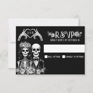 Gothic skeleton couple floral wedding RSVP card