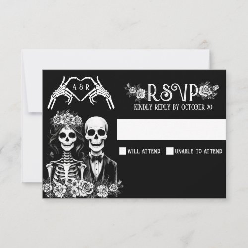 Gothic skeleton couple floral wedding  RSVP card