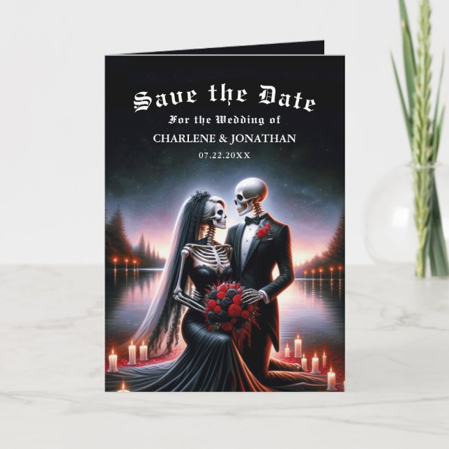 Gothic Skeleton Couple Navy Save the Date Announcement (Front)