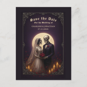 Gothic Skeleton Couple Purple Save the Date Announcement Postcard