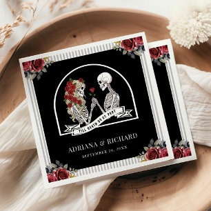 Gothic Skeleton Couple Red Roses Black Wedding Napkins